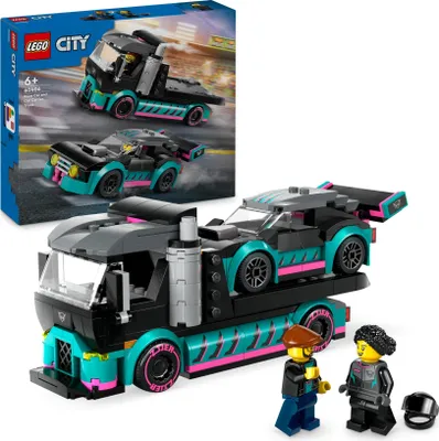 Produktbild von LEGO City Autotransporter mit Rennwagen, LKW-Spielzeug mit verstellbarer Laderampe und Renn-Auto, Bauset mit 2 Minifiguren, Rennfahrer und LKW-Fahrer, cooles Geschenk für Kinder ab 6 Jahren 60410