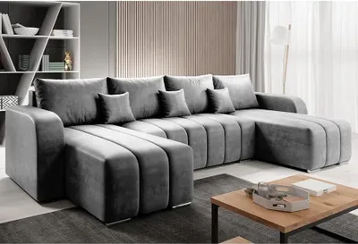 Produktbild von Easy4You Pufetto Velours Grau Ecksofa U-Form 320 x 80 x 147 cm mit Schlaffunktion und Bettzeugbehälter - Schlafsofa mit Bettkasten - Eckcouch mit Stauraum – Stoff: MANILA 16