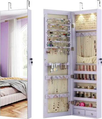 Produktbild von GOPLUS Schmuckschrank mit LED, Spiegelschrank hängend mit Schlüsseln, Schmuckregal mit Spiegel für Ringe, Ohrringe, Halsketten, Armbänder (Lila)