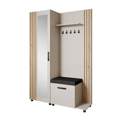 Produktbild von Garderoben-Set LIVIA Rechts Kaschmir – Garderobenschrank mit Spiegel, Aufhängern, Schuhschrank, Lamellen in Eiche Artisan, Sitzbank und Hochschrank