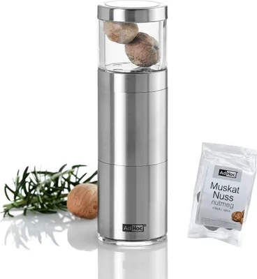 Produktbild von AdHoc PM87 Muskatnussmühle Muskatino | Geschenkset Bundle Muskatmühle & 3 edle Nüsse, Edelstahl gebürstet | Acryl