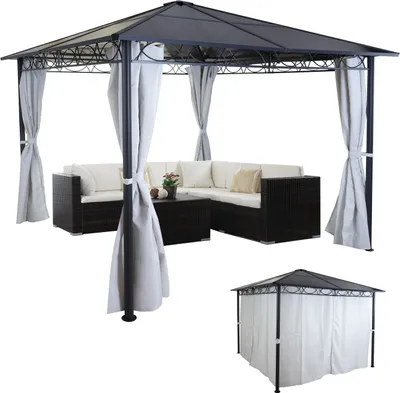 Produktbild von Pergola z twardym dachem HWC-C77, pawilon ogrodowy, dach z tworzywa sztucznego ściana boczna aluminiowa jasnoszara 3x3m