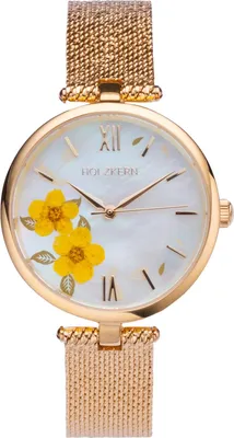 Holzkern Damenuhr Everbloom Pflaumenblüte Gelb/Goldfarben 1