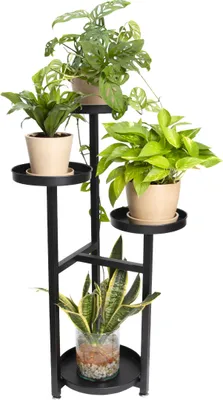 Produktbild von QUVIO Pflanzenregal - Pflanzenständer - Pflanzentisch - Pflanzenständer - Pflanzensockel - Zimmerpflanzentisch - Pflanzenregal - Blumenregal - Pflanzenetagere - Pflanzensäule - Mit 4 Schichten - Metall - Schwarz