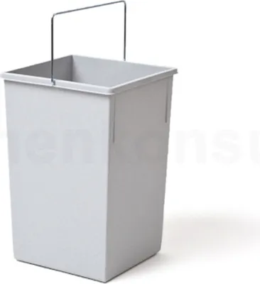 A light gray trash can with a metal handle against a white background.