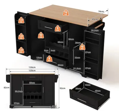 Image de Chariot de cuisine - Îlot de cuisine - Plan de travail rabattable - 120 x 45/70 x 92 cm - Rangement à vin - Porte-verres - Étagère à épices - Noir/Naturel