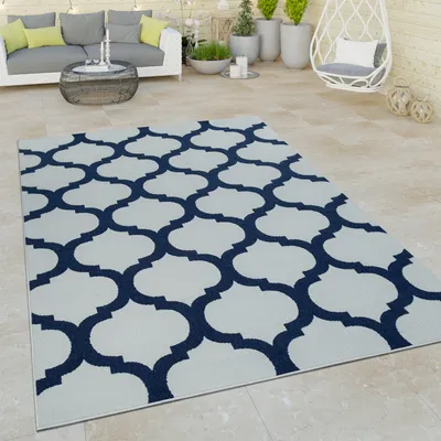 Produktbild von Outdoor Indoor Teppich Weiß Blau 3D Optik Marokkanisches Design Flachgewebe Grösse 160x230 cm