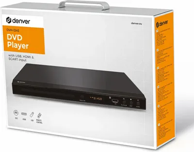 The image shows the packaging of a Denver DVD player.
