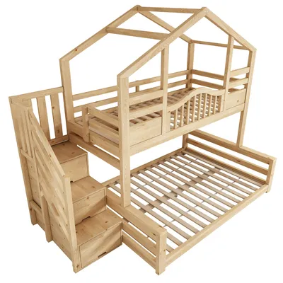 Produktbild von Flieks Etagenbett 90x200cm/140x200cm mit Regal, Kinderbett Hausbett mit Treppe, Hochbett für 2-3 Kinder, Stockbett Holzbett Naturbelassen