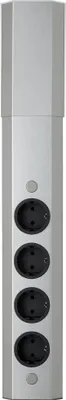 A vertical, silver-colored power strip with four black electrical outlets and two small circular buttons.