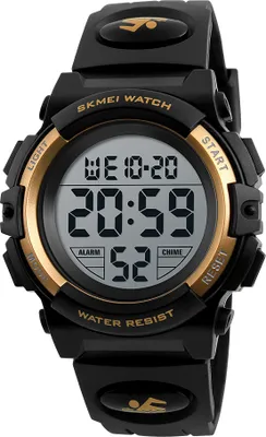A close-up studio shot of a digital sports watch.
