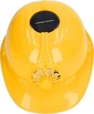 Imagen del producto de Casco de seguridad con ventilación y ventilador solar, fabricado en plástico. Casco resistente y transpirable, ideal para trabajar al aire libre en verano y en la construcción. Color: amarillo. Incluye forro desmontable