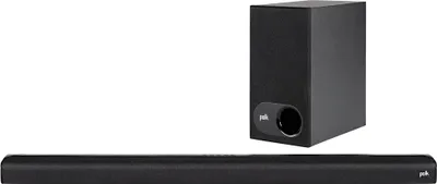 A black soundbar and subwoofer are displayed against a white background.