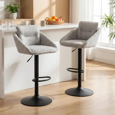 Productafbeelding van Barstoelen, set van 2, linnen, in hoogte verstelbaar, met rugleuning en voetsteun, grijs