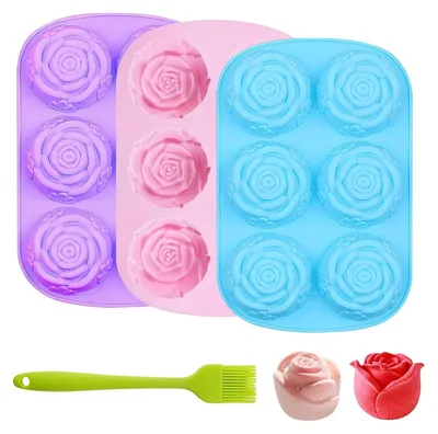 Produktbild von 3 Stück Silikon Backform mit Ölpinsel, 6-Cavity Rosenförmige