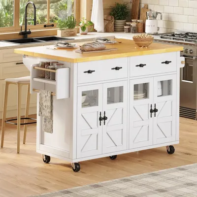 Immagine prodotto di Isola da cucina con rotelle e ante in vetro, piano di lavoro pieghevole, carrello di servizio mobile con cassetto e ripiano, carrello da cucina bianco e effetto legno
