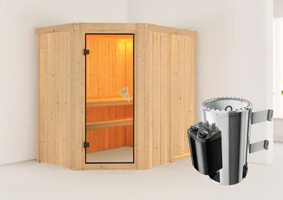 Produktbild von Karibu Sauna Innensauna Saja Eckeinstieg Ofen 3,6 kW intgr. Strg 196x151x198 cm ohne Dachkranz mit Bronzierter Tür