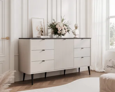 Produktbild von Geriffelte Kommode NAVANI 160 cm mit 6 Schubladen Soft-Close-System Aufbewahrungsschrank Stehend Stauraummöbel Schubladenschrank mit schwarze Griffe Wohnzimmer Stauraum Kaschmir + Steingrau