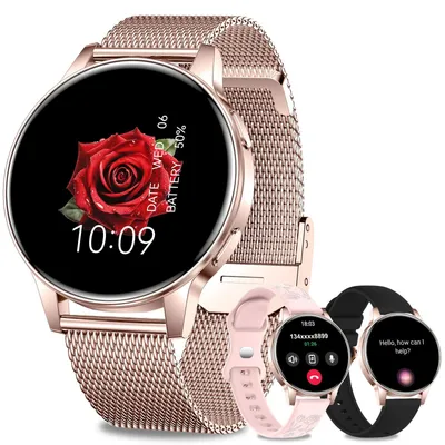 Obrázek produktu pro Chytré hodinky pro ženy, kulaté, s HD displejem, telefonní funkcí a možnostmi personalizace ciferníku, barva: růžové zlato
