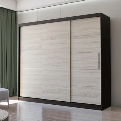 Produktbild von Schwebetürenschrank Alba 250 cm Schwarz/Sonoma, ohne Spiegel und LED.
