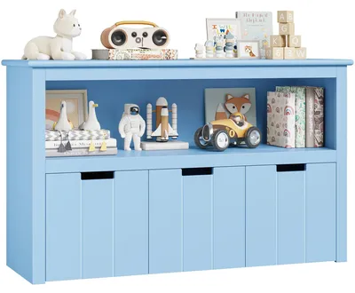 Immagine prodotto di Scaffale portagiocattoli per bambini - Contenitore a 3 cassetti - In legno - Con rotelle - 102x33x61,5 cm - Blu