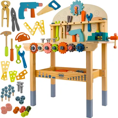 Produktbild von KRUZZEL Kinder Werkbank aus Holz 3-in-1 – Werkzeugbank mit Schraubstock, Zahnrädern & Zubehör – Lernspielzeug für Zuhause/Kit a – Rollenspiel, Motorik & Kreativität – Geschenk für Jungen & Mädchen 26546