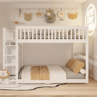 Produktbild von okwish Etagenbett 140×200 mit vier Schubladen, Kinderbett mit Sicherheitsgeländer und offener Staurau, Doppelbett in Weiß,ohne Matratze