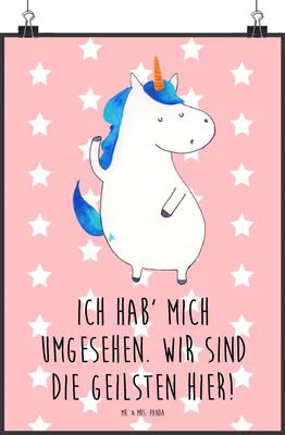 Produktbild von Mr. & Mrs. Panda Bild Einhorn Mann DIN A2 - Rot Pastell - Geschenk, Wanddeko, Einhörner, Cool, Party, drucke, Plakat, Unicorn, Familie, Wandbild, Freundin