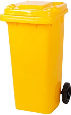 A yellow trash bin with wheels against a white background.