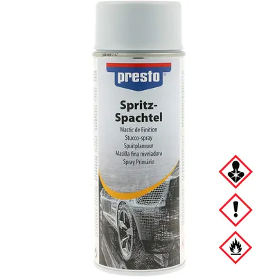 A spray can of Presto Spritz-Spachtel with safety symbols on the right.