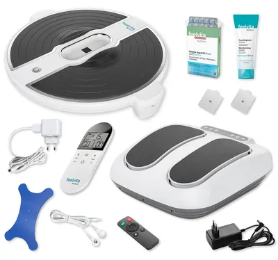 Produktbild von Genius Feelvita Acticur Set 15-tlg. EMS Stimulator Bein und Fuß, TENS-Pads inkl. Fußmassagegerät, Blutdruckmessgerät & Gelenk SuperFit Dual Tabletten