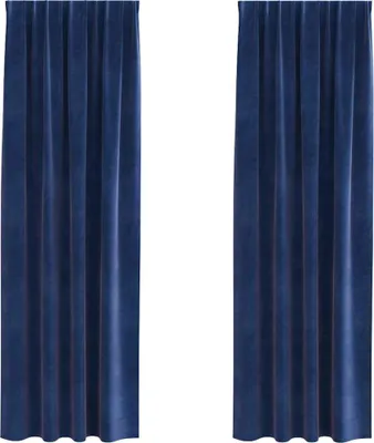 Two dark blue velvet curtains hanging side-by-side against a white background.