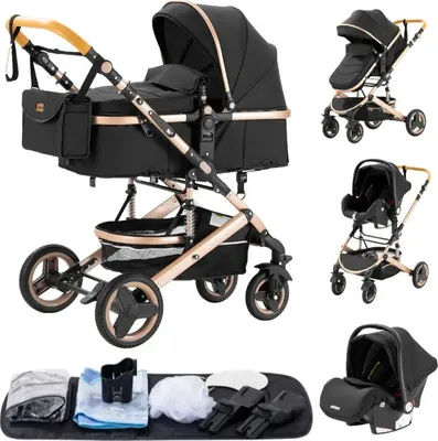 Productafbeelding van Luxe kinderwagen, aluminium frame, vierwielvering, zwart