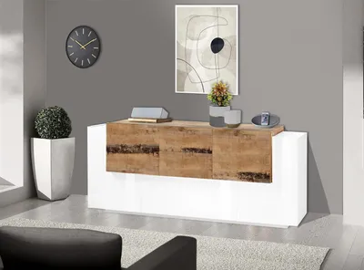 Produktbild von Sideboard Highboard Schrank Beistellschrank Anrichte Kommode "Catania VI" Weiß Hochglanz / Ahorn Nachbildung