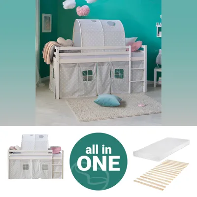 Produktbild von Homestyle4u Kinder Hochbett 90x200 weiss mit Matratze Lattenrost Tunnel