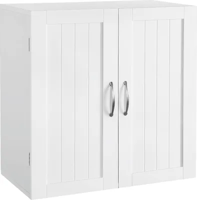 A white cabinet with two doors and silver handles, shown from the front.