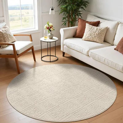 Rond tapijt 160 cm beige, antislip, wasbaar, laagpolig