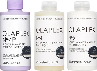 Obrázek produktu pro Olaplex No.4 Bond Maintenance Shampoo 250ml + Olaplex No.4P Blonde Enhancer Toning Shampoo 250ml + Olaplex No.5 Bond Maintenance Conditioner 250ml