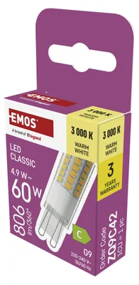Immagine prodotto di Lampadina LED EMOS G9 CLASSIC da 4,9 W, sostituisce una lampadina alogena da 60 W, attacco G9 JC con luminosità di 806 lm, bianco caldo 3000 K, lunga durata, ZQ9C42