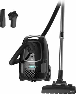A black Cecotec Conga Powerbag 4000 XL vacuum cleaner with its accessories, displayed against a white background.