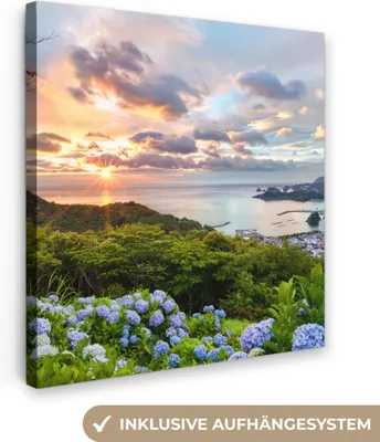 Produktbild von MuchoWow® - Leinwandbilder - Hortensienblüten im Sonnenuntergang, Wandbild, Wanddeko Bilder Wohnzimmer, 50x50 cm