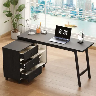Produktbild von 150 x 100 x 76 cm L-förmiger Schreibtisch mit drei Schubladen, zwei offenen Ablagefächern, Stahlrohrbeinen, geräumiger Tischplatte, schwarz-weiß.