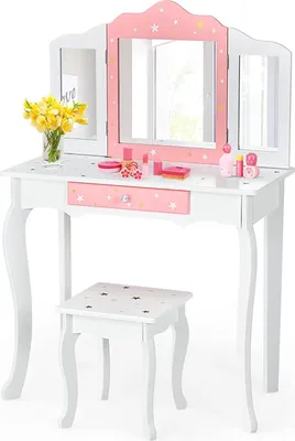 Produktbild von GOPLUS Kinder Schminktisch-Set mit Hocker, Prinzessinnen Frisierkommode inkl. Abnehmbarer Spiegel & Schublade, Multifunktionaler Kosmetiktisch Schreibtisch für Kinder Mädchen (Weiß)