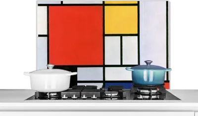 Produktbild von KitchenYeah®  Spritzschutz Küche - Küchenrückwand - Wandschutz für Herd und Spüle - Kunst - Mondrian - Alte Meister - Komposition 2 90x60 - Alu-Dibond (Alternative zum Spritzschutz aus Glas) - Hitzebe