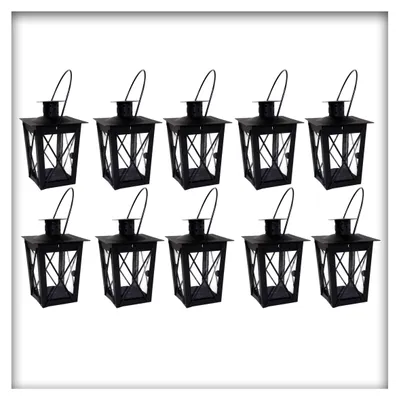 Produktbild von 10 Stück Metall Mini- Laterne schwarz Gartenwindlicht, zum Aufhängen, Windlicht, Laterne