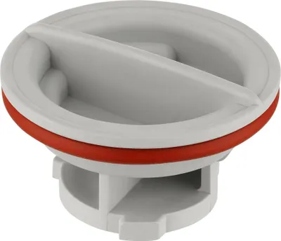 A close-up studio shot of a gray plastic cap with a red rubber seal.