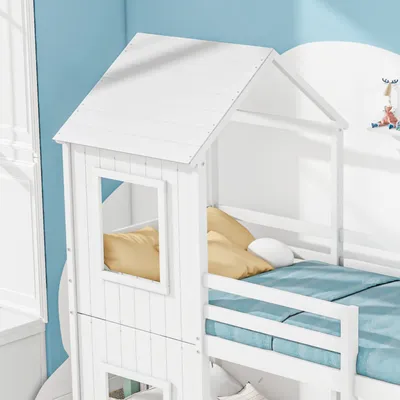 Produktbild von Flieks Hochbett Etagenbett 90x200cm mit Lattenrost und Leiter, Hausbett Kinderbett Kiefer Massivholzbett für 2 Kinder Stockbett, ohne Matratze, Weiß