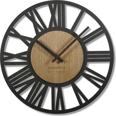 Obrázok produktu pre Nástenné hodiny veľké Adulto priemer 50 cm LOFT retro drevené dubové bez tikania obývacia izba (čierna/dub)