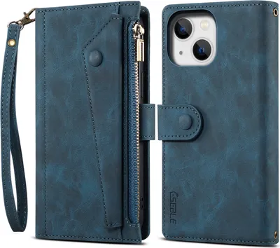 Produktbild von Schutzhülle für iPhone 15 Plus Reißverschluss Hülle, Leder Klapphülle Kartenfach Standfunktion Brieftasche mit Trageband Blau