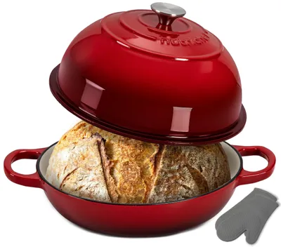 Immagine prodotto di Pentola in ghisa NutriChef per pane, 26 cm, forno olandese smaltato, colore rosso – con decorazioni